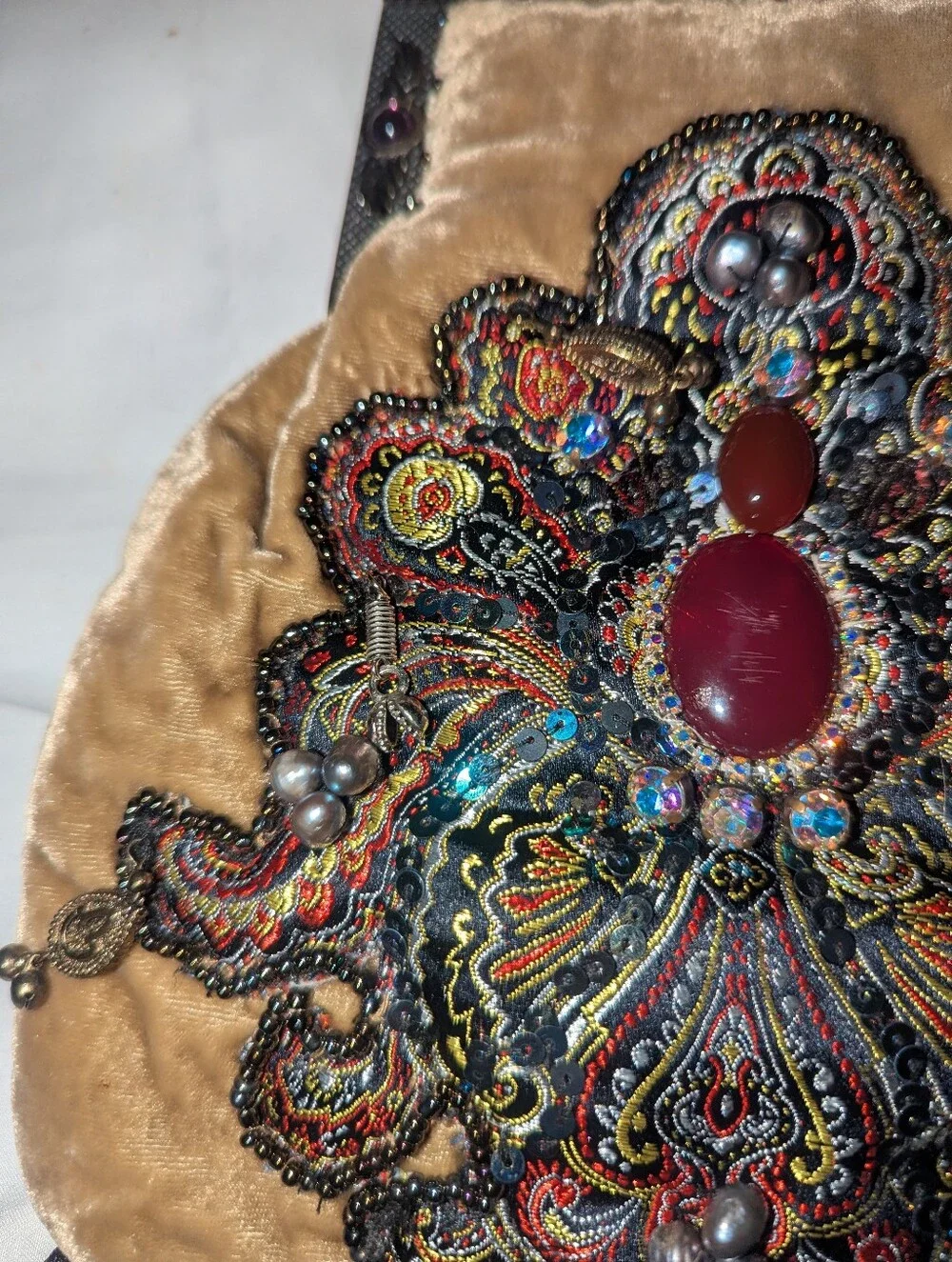 Vintage Mary Frances Embellished Velvet Evening Bag in Camel with Black Tassels